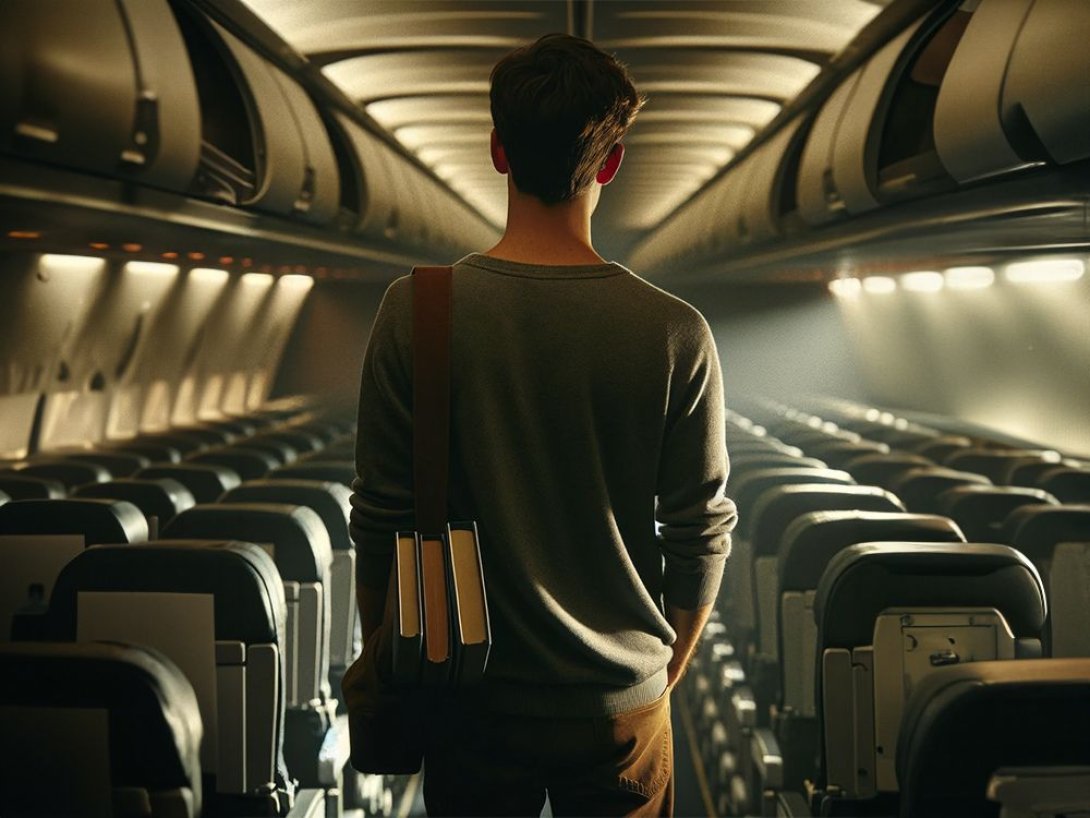 Joven solo dentro de un avión