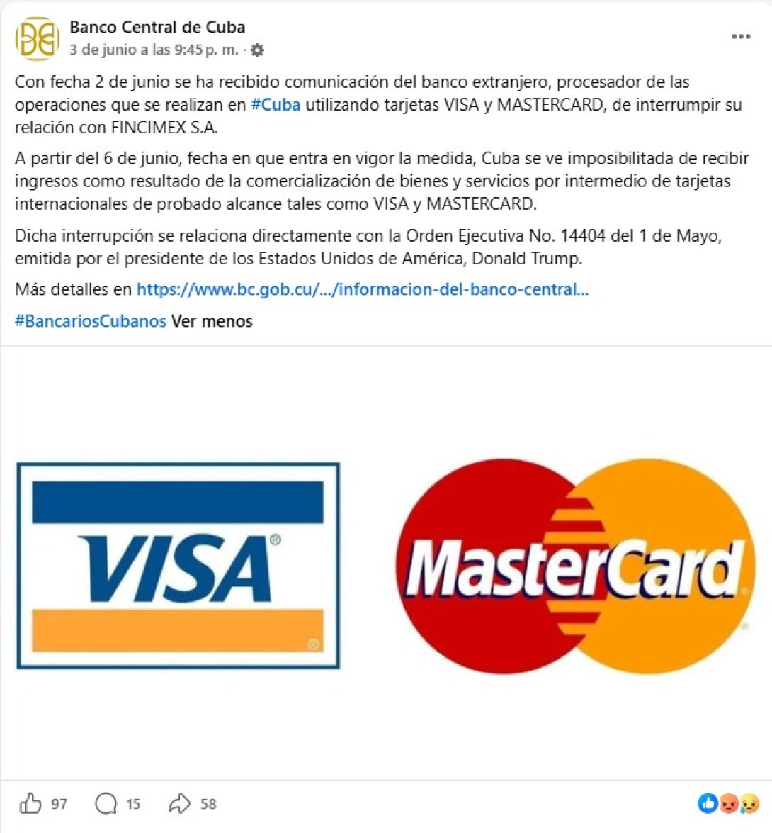 Publicación del Banco Central de Cuba en su perfil oficial de Facebook anunciando que ya no puede aceptar pagos con tarjetas Visa y Mastercard (3 de junio de 2026). 