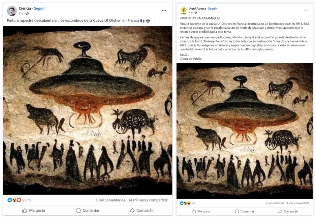 Posts de Facebook con imagen y noticia falsa sobre pintura rupestre donde aparece un OVNI.