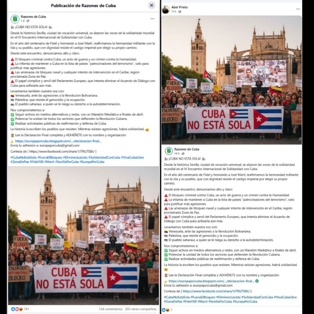 Post de Facebook de la plataforma "Razones de Cuba" replicado por el exministro cubano de Cultura Abel Prieto en su perfil (2026). 