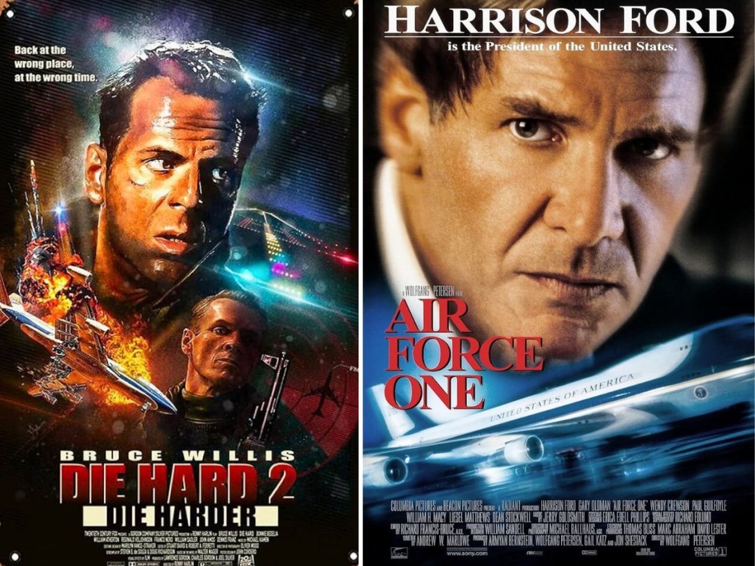 Pósteres de las películas "Duro de matar" 2 (1990) de Renny Harlin y "Avión presidencial" (1997) de Wolfgang Petersen.