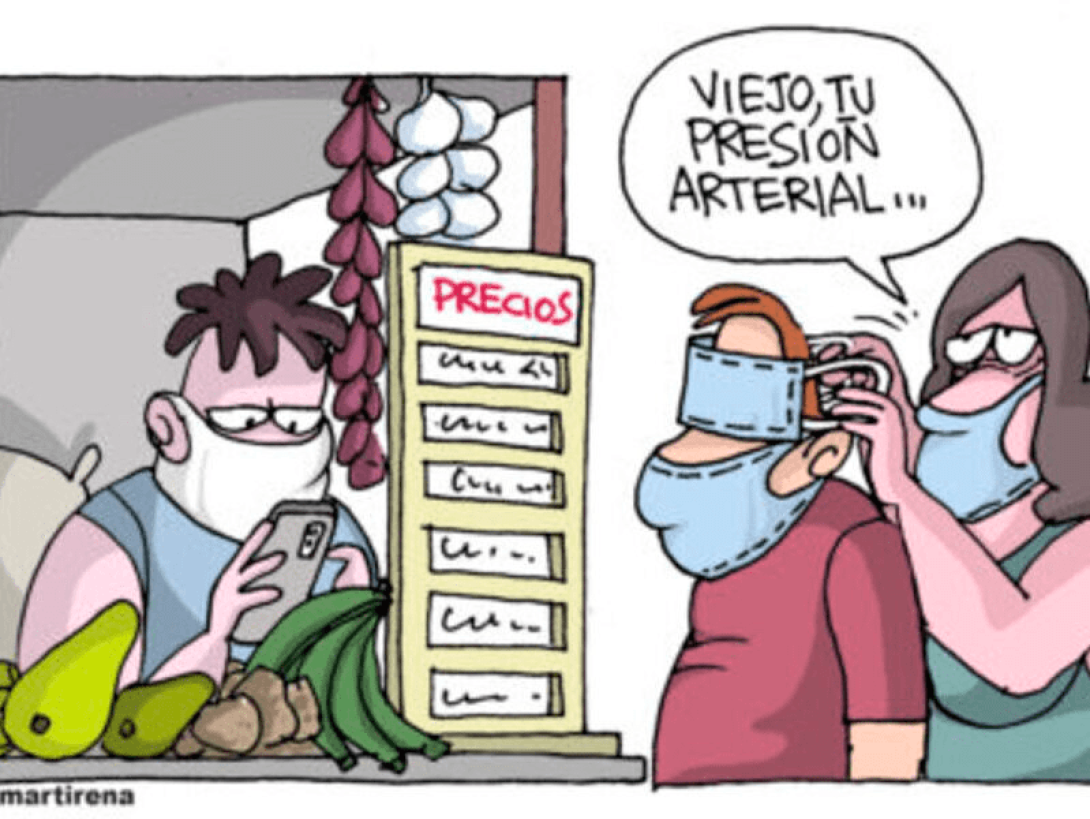 Hombre con nasobuco en los ojos porque "los precios suben la presión".