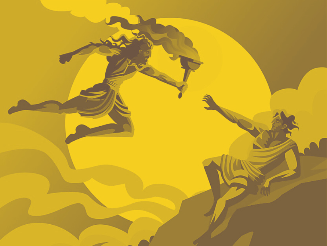 Ilustración del momento en que Prometeo entrega el fuego a los mortales. 