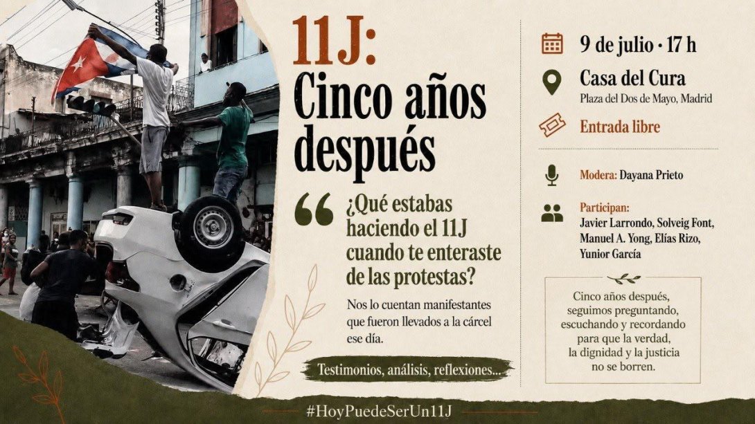 Cartel promocional del conversatorio "Cinco años después: Memoria, resistencia y libertad" en Madrid (9 de julio de 2026).