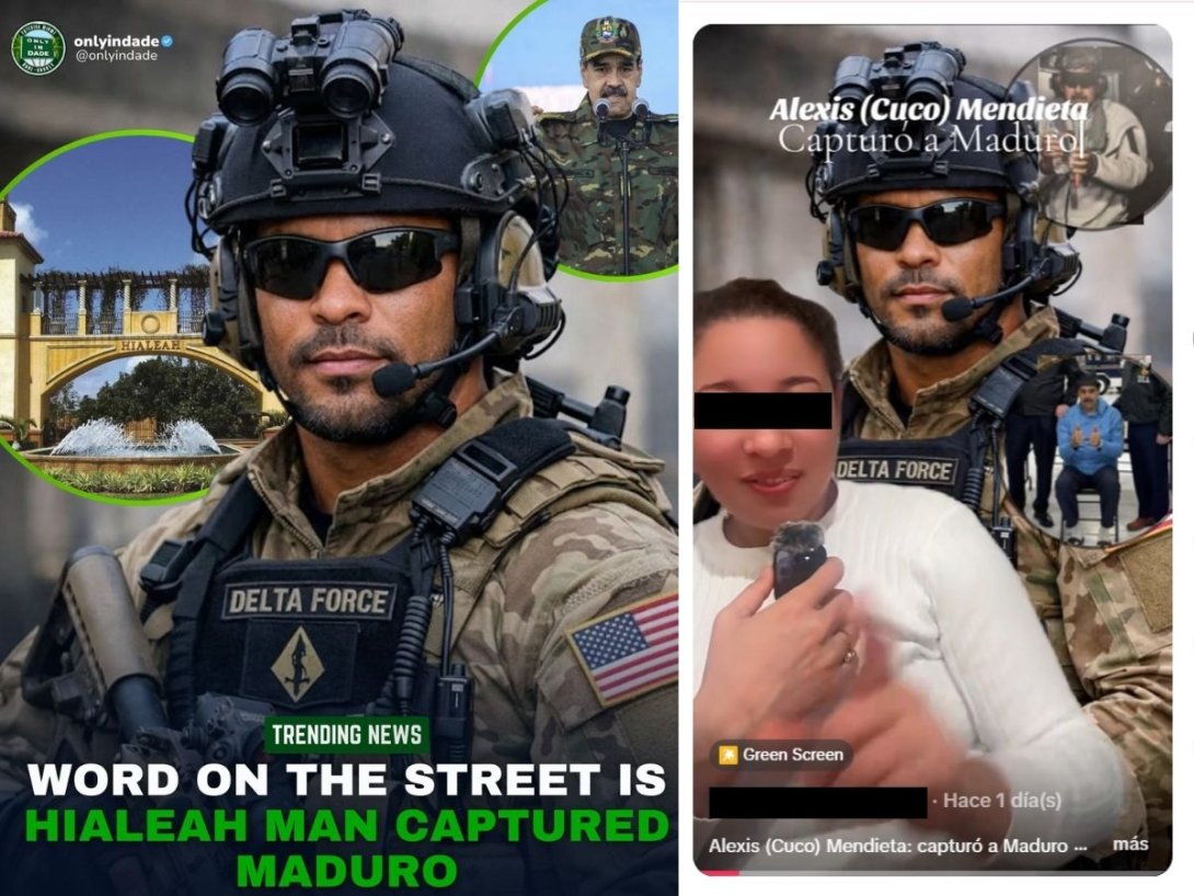 Publicaciones que informan que el cubanoamericano Alexis "Cuco" Mendieta es el jefe del comando que capturó a Nicolás Maduro en enero de 2026.