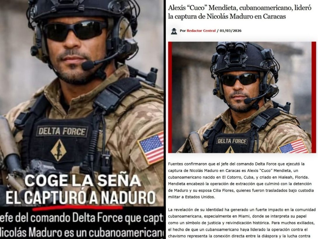 Publicaciones que identifican al cubanoamericano Alexis "Cuco" Mendieta como jefe del comando que capturó a Nicolás Maduro en enero de 2026.