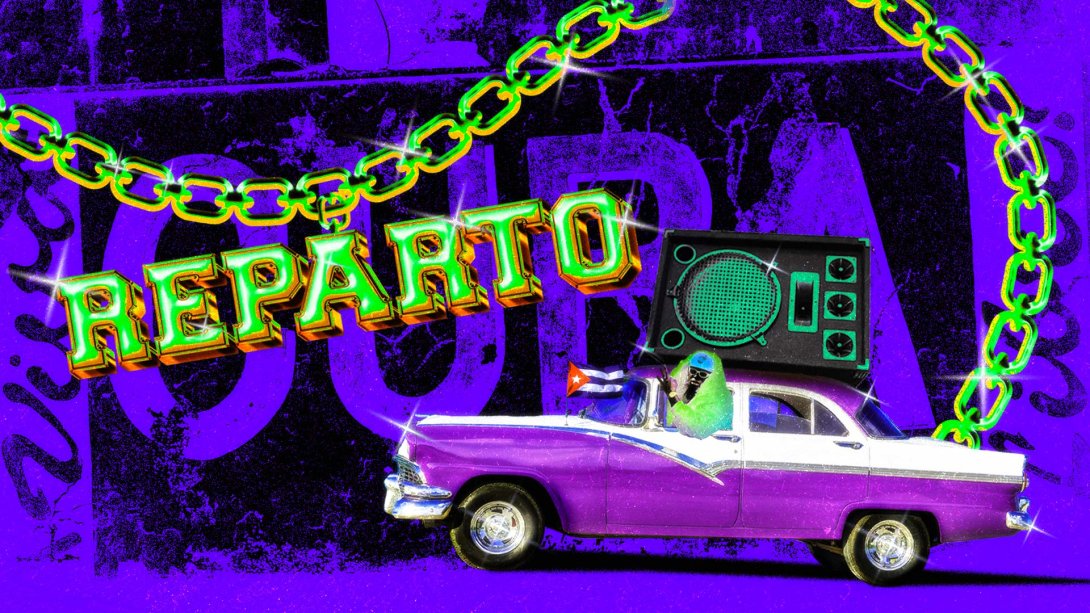 caricatura de chocolate MC sosteniendo una bocina encima de un almendrón