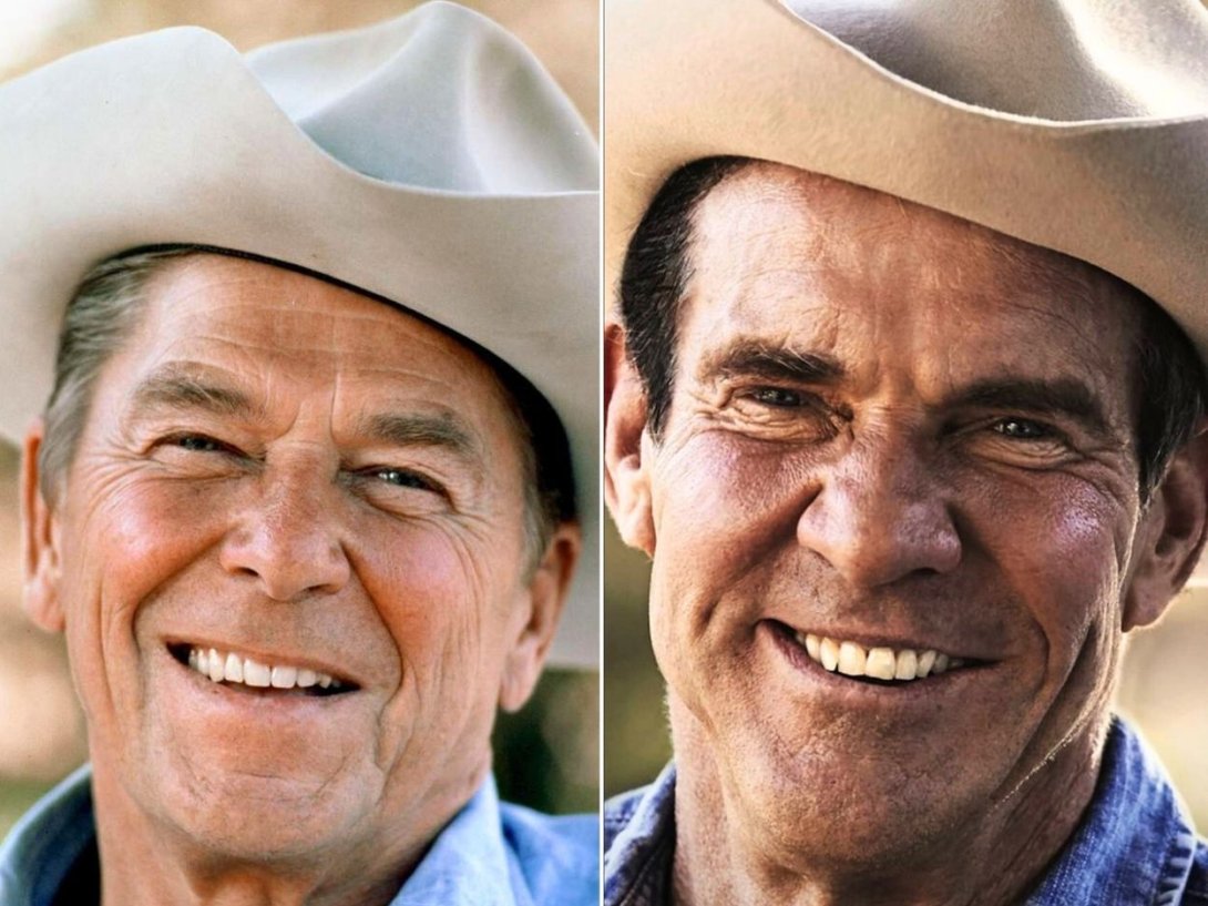 El presidente de Estados Unidos Ronald Reagan y el actor Dennis Quaid que lo interpreta en la película "Reagan" (2024) dirigida por Sean McNamara.