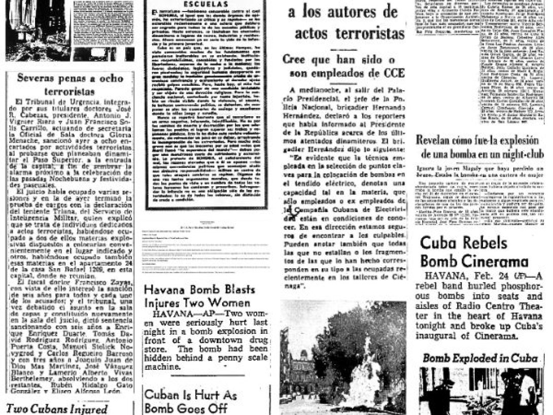Páginas de periódicos internacionales con reportes sobre atentados y bombas en Cuba en los años cincuenta.