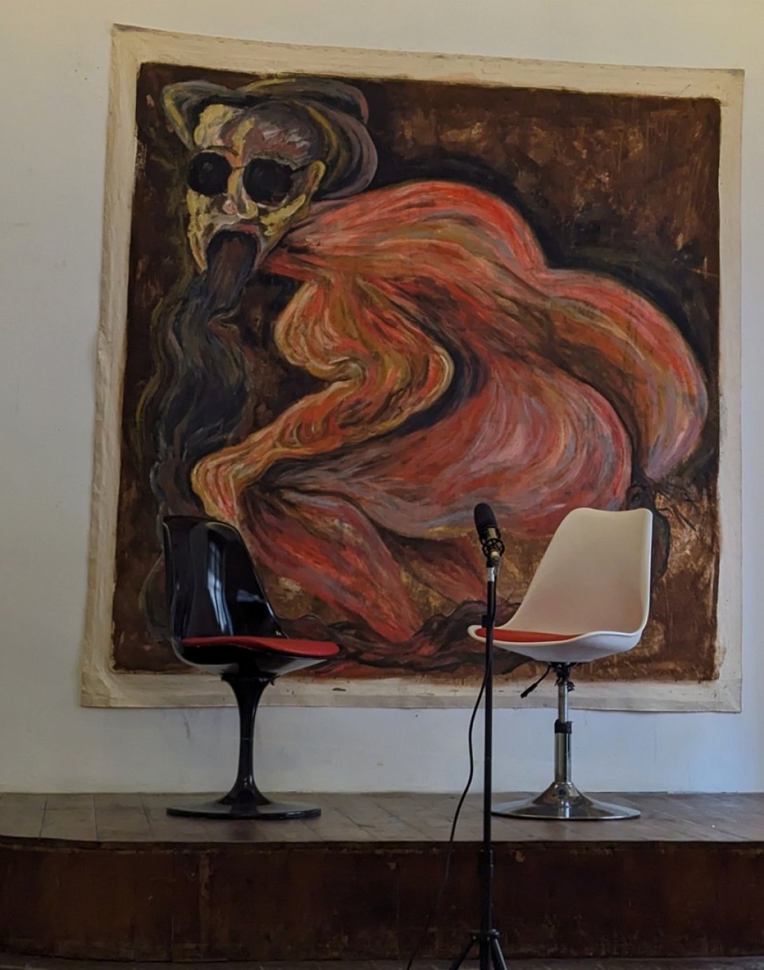 Obra de arte, óleo de Sandra Ceballos: "La cena del parlante arrepentido". Óleo sobre tela, 213 x 217 cm.