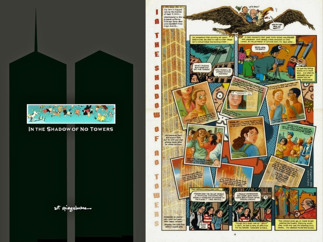 Cubierta y página de la novela gráfica "In the Shadow of No Towers" (2004) del historietista estadounidense Art Spiegelman.