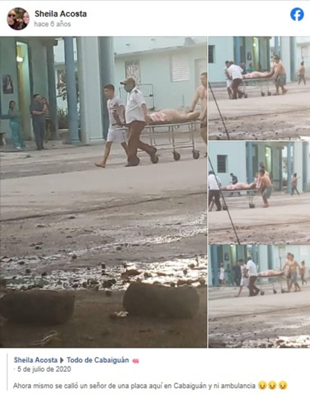 Un cubano accidentado es trasladado por vecinos ante la falta de ambulancias. Cabaiguán, provincia de Sancti Spíritus (2020). Captura de la denuncia de Facebook de Sheila Acosta.
