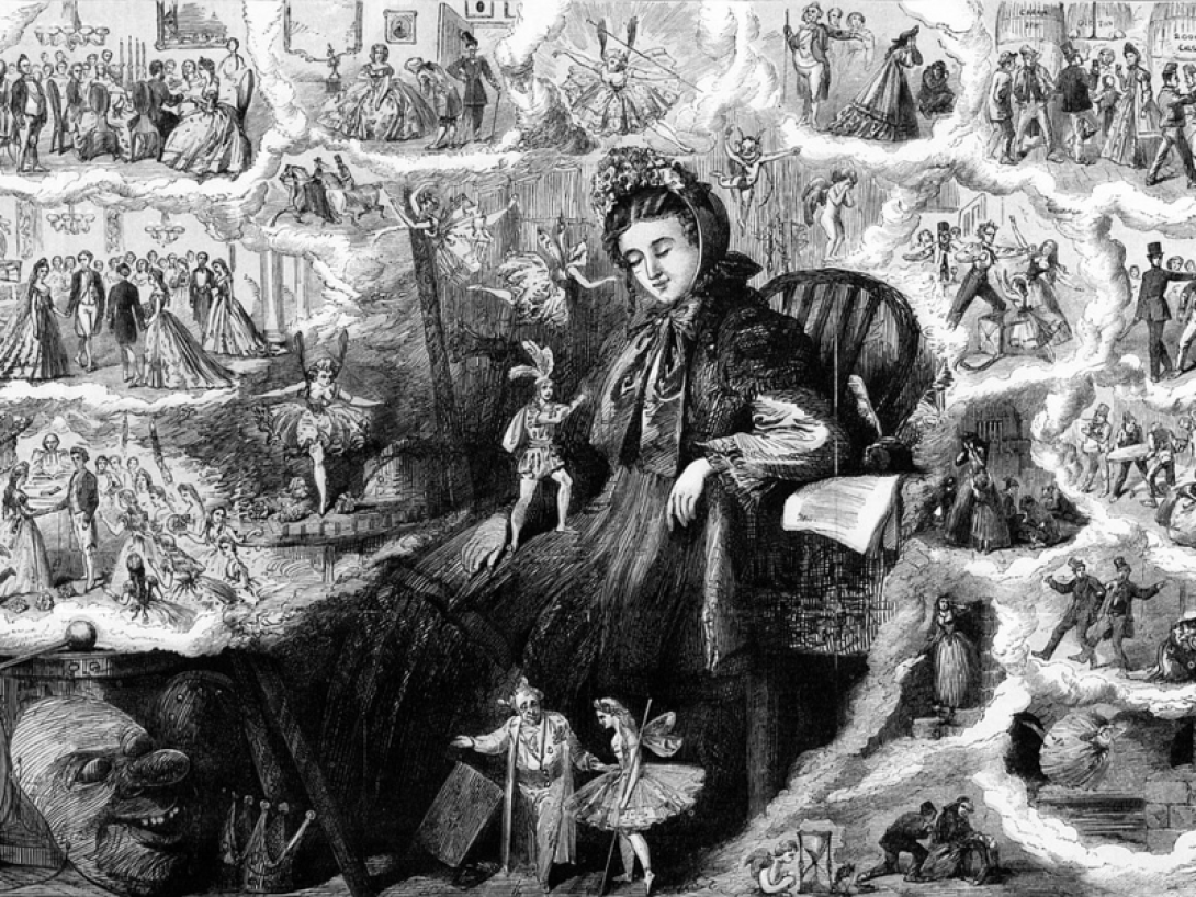 Mujer dormida, alrededor diferentes imágenes cotidianas y demonios.