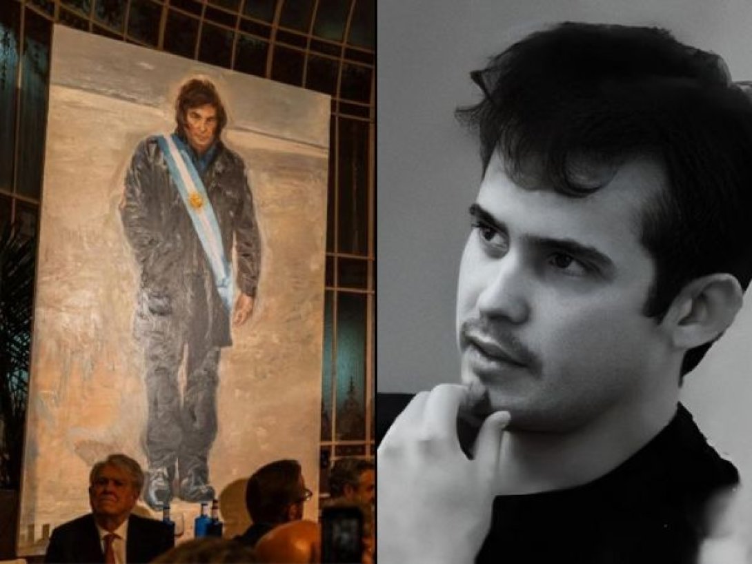 Artista cubano Richard Somonte (derecha) y su cuadro gigante dedicado a Javier Milei (izquierda).