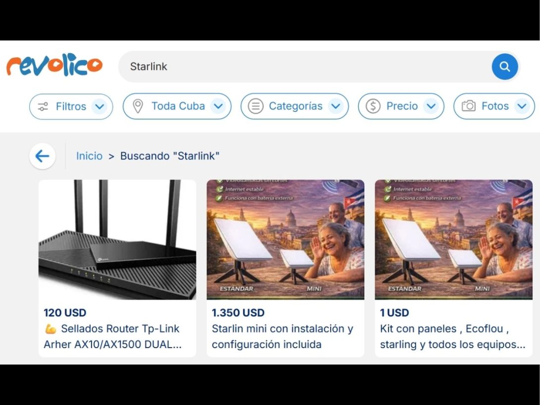 Captura de pantalla del sitio Revolico.com con anuncios de venta en Cuba de equipos de Starlink (marzo de 2026).