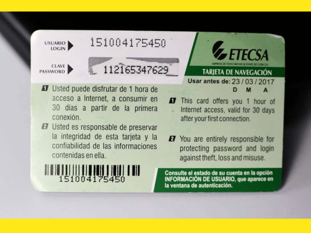 Dorso de una tarjeta de internet expendida por ETECSA en Cuba.