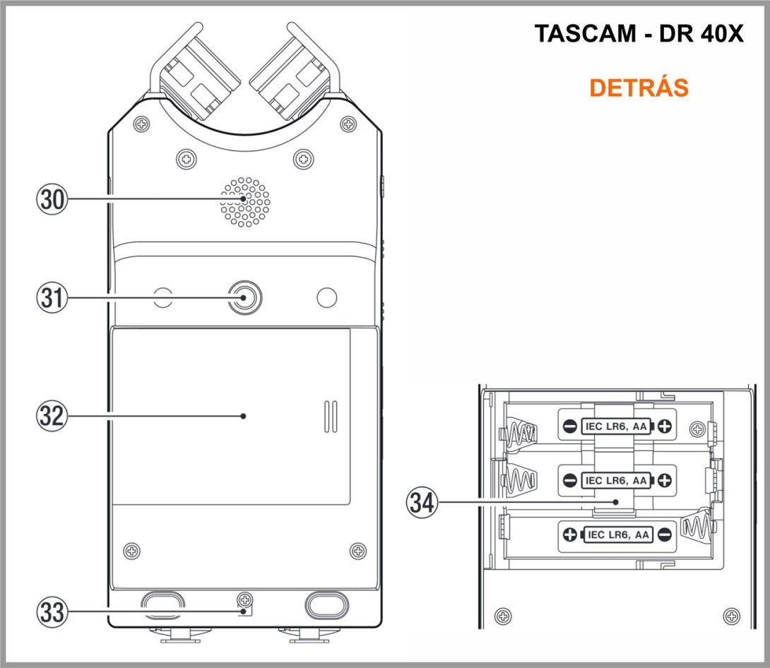 Cámara Tascam. Grabadora de sonido. Plano, partes y botones de la cámara. Detrás