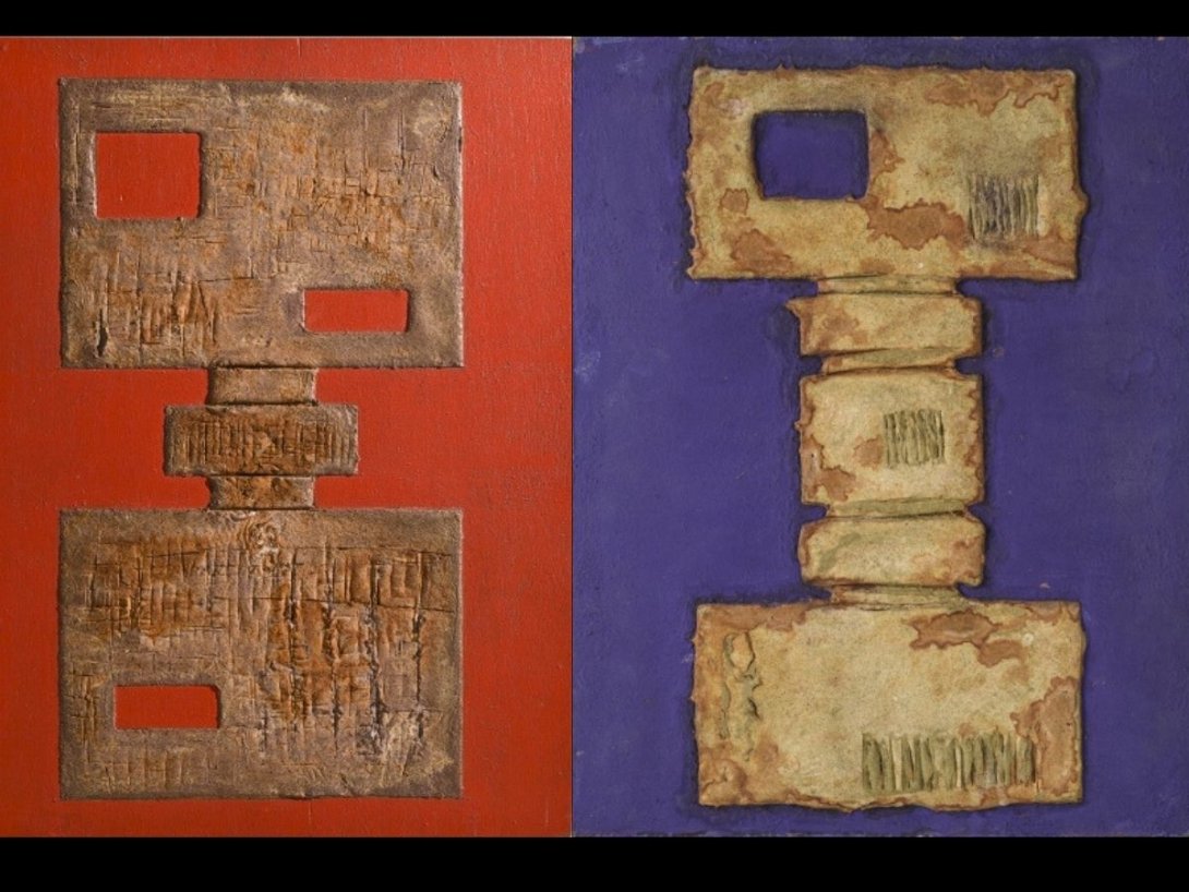 Obras de la escultora y pintora venezolana Elsa Gramcko. Izquierda: "Tikihao" (1973). Derecha: "Tótem Nro. 2" (1974).