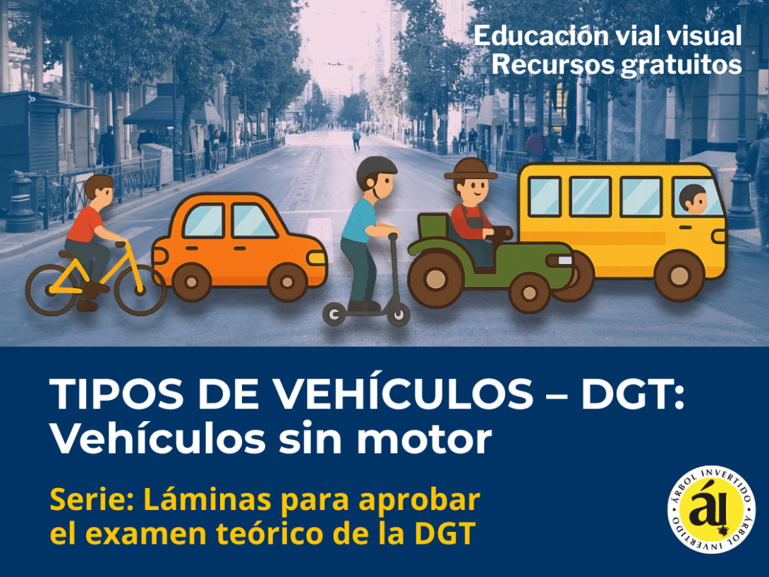 Infografía educativa de Árbol Invertido sobre los tipos de vehículos sin motor según la DGT, con ilustraciones de bicicleta, coche, patinete, tractor y autobús. Recurso visual gratuito para estudiar y aprobar el examen teórico de conducir.
