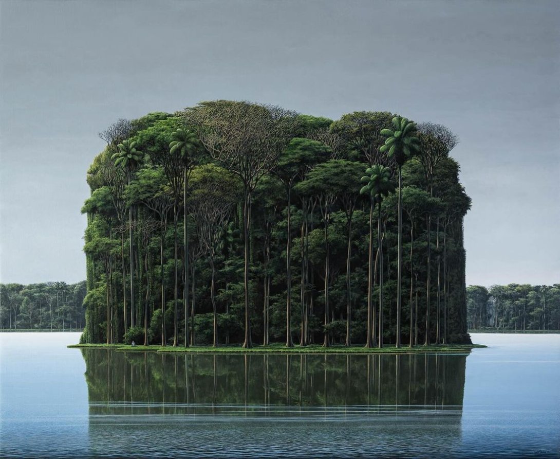 Pintura de Tomás Sánchez. Obra “Isla y meditador en diagonal”. Naturaleza cubana