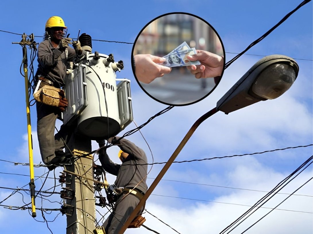 Operarios de la Unión Eléctrica de Cuba trabajando en un transformador.