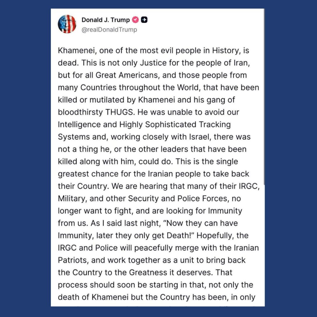 Post de Donald Trump en "Truth Social" confirmando la muerte del ayatolá Alí Jamenei (28 de febrero de 2026).