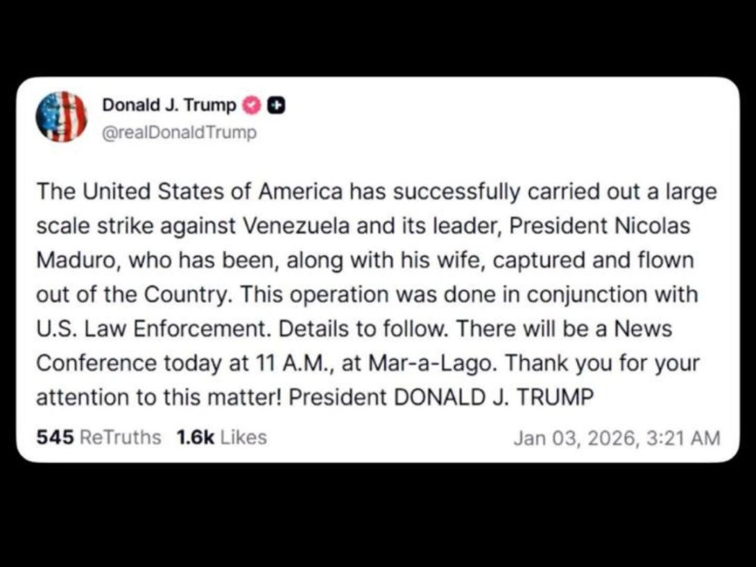 Post de Donald Trump que anuncia la captura de Nicolás Maduro (3 de diciembre de 2026).