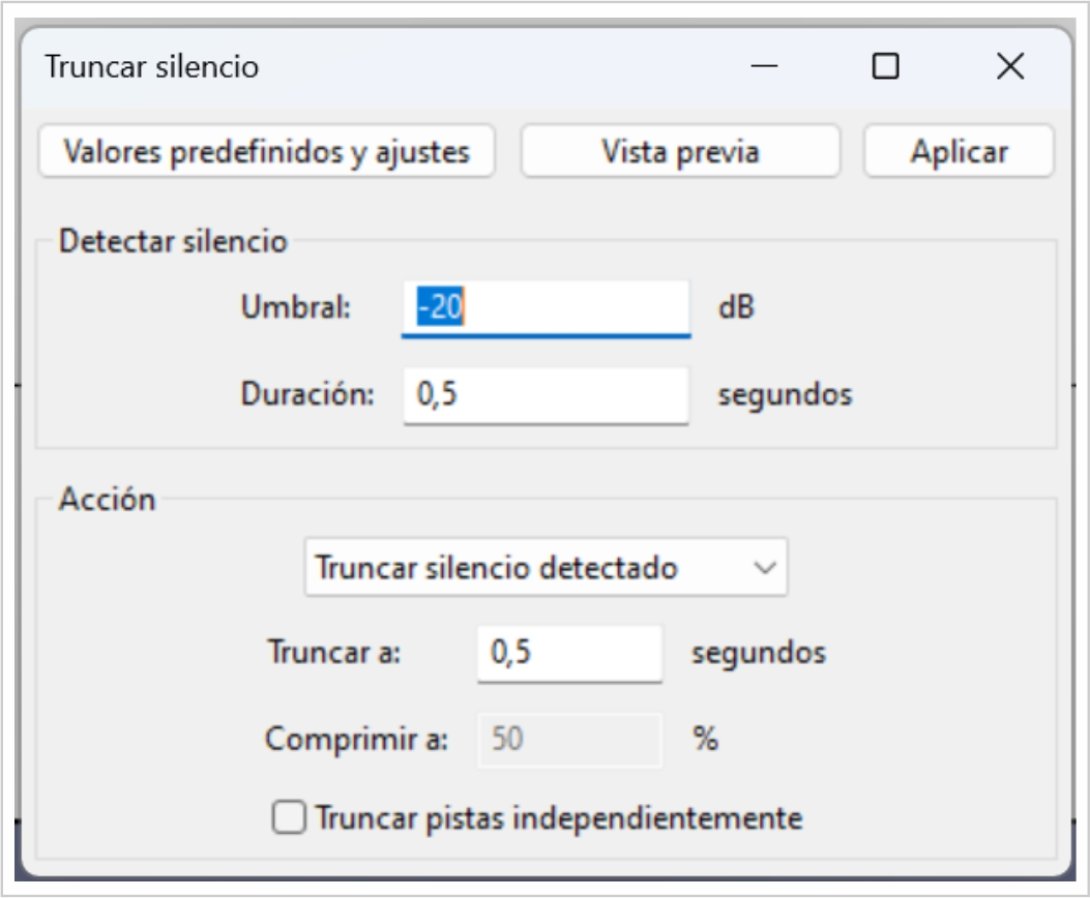 Pauta. Tabla de configuración de Audacity, efecto "Truncar silencio".