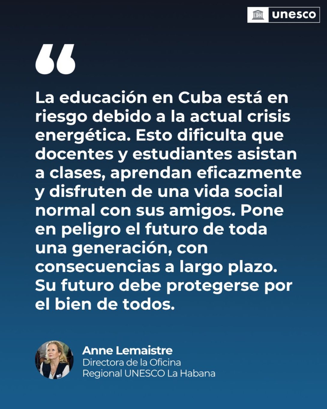 Publicación de Anne Lemaistre, directora de la Oficina Regional UNESCO en La Habana (mayo de 2026).