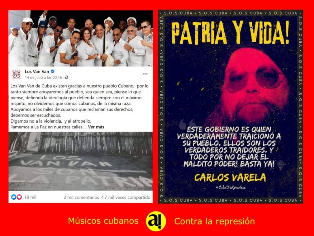 Postal de músicos cubanos que se oponen a la represión. Los Van Van, Carlos Varela.t 