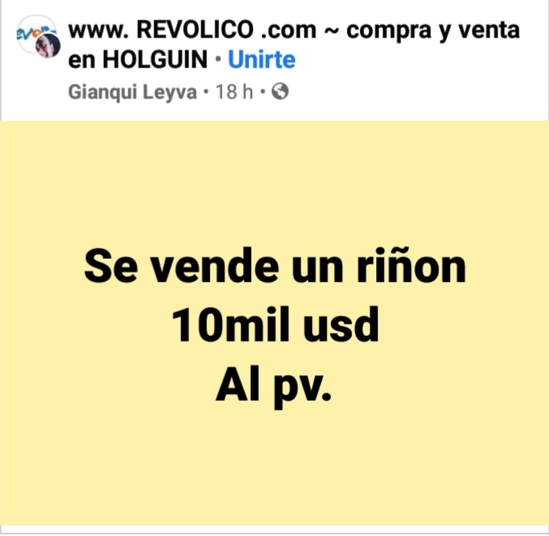 Post de FB de venta de riñón en 2022