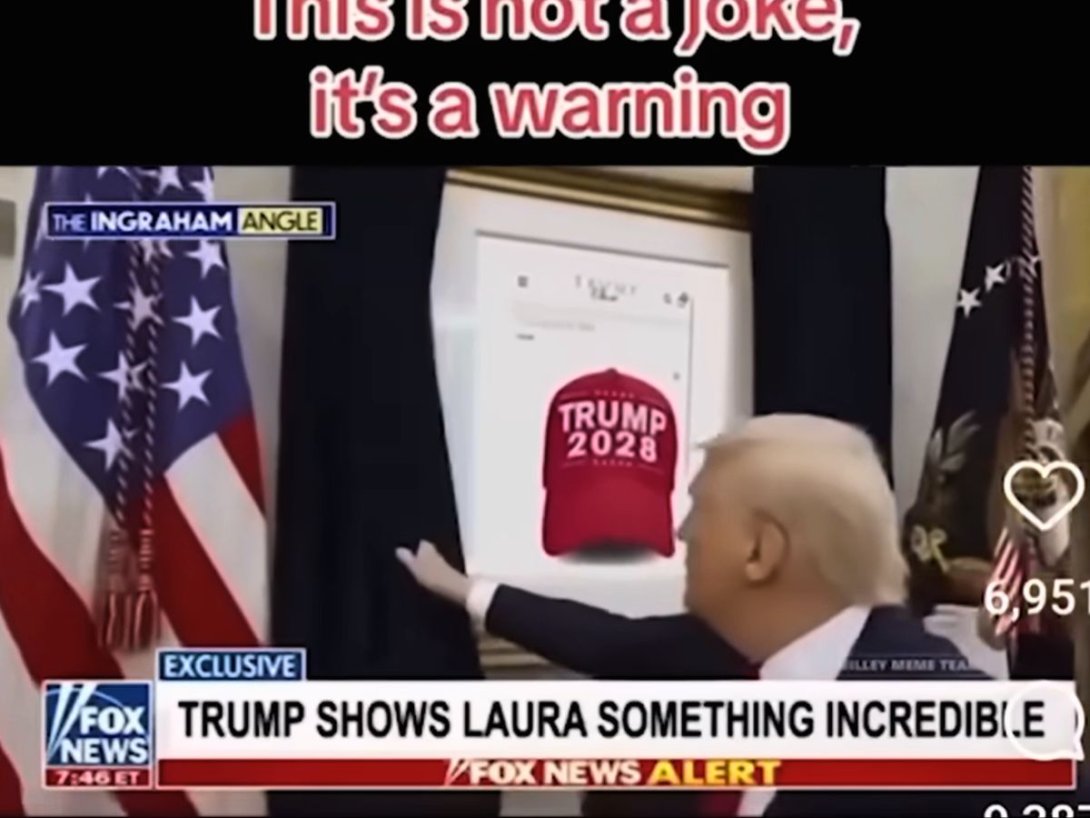 Video falso en el que Donald Trump muestra una gorra con el letrero "Trump 2028" en la Casa Blanca (marzo de 2025).