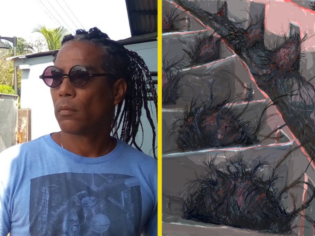 Retrato de Walfrido (izquierda) y obra "Cada casa su angustia" (derecha).