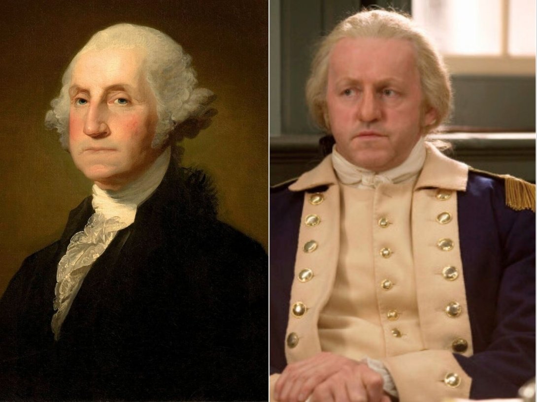 El presidente de Estados Unidos, George Washington, y el actor David Morse que lo interpreta en la serie "John Adams" (2008) de la HBO.