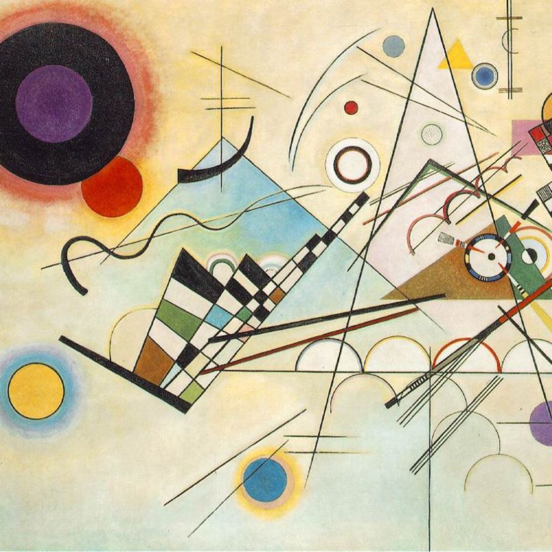 Pintura abstracta de Wassily Kandinsky, con formas geométricas y colores en equilibrio dinámico,