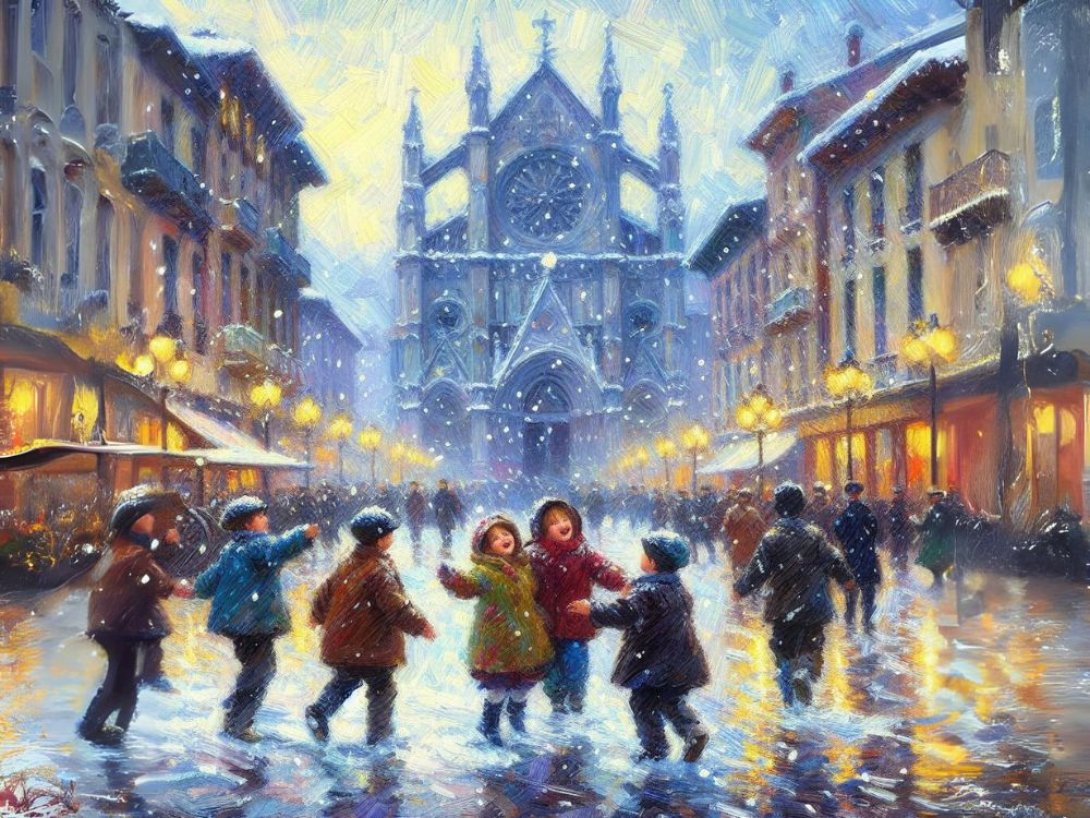 Niños jugando en una calle mientras cae la nieve.