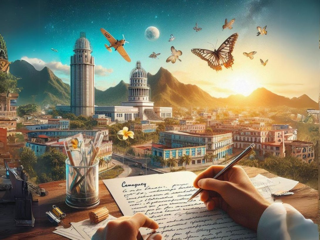 Un hombre escribe desde una torre.