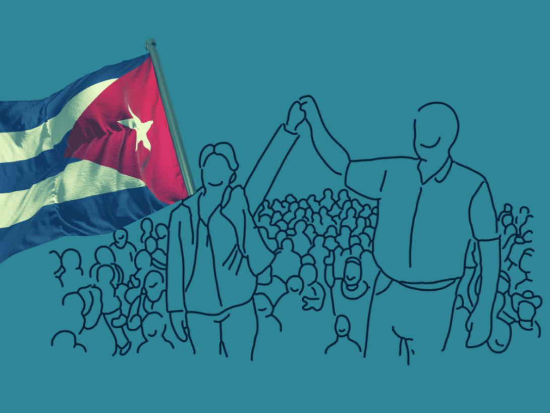 Personas manifestándose junto a la bandera cubana.