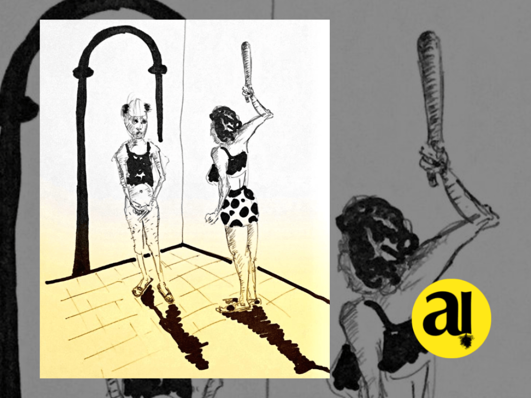 Dibujo de una mujer amenazando a un hombre con un palo.