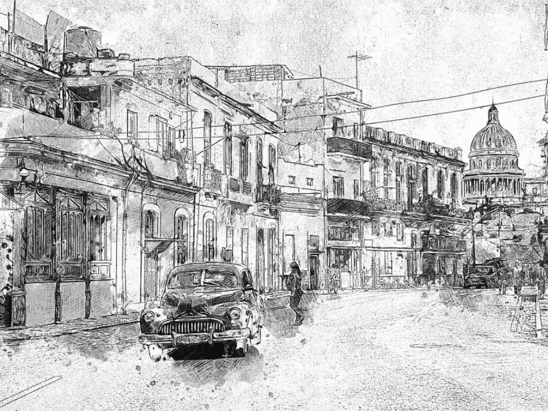 Cuba: carro almendrón, edificios antiguos y el Capitolio en una misma calle.