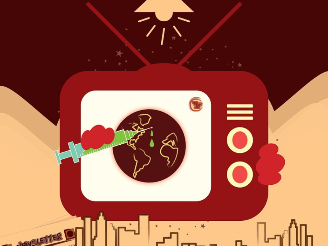 Ilustración del planeta Tierra y una jeringuilla dentro de un TV. 