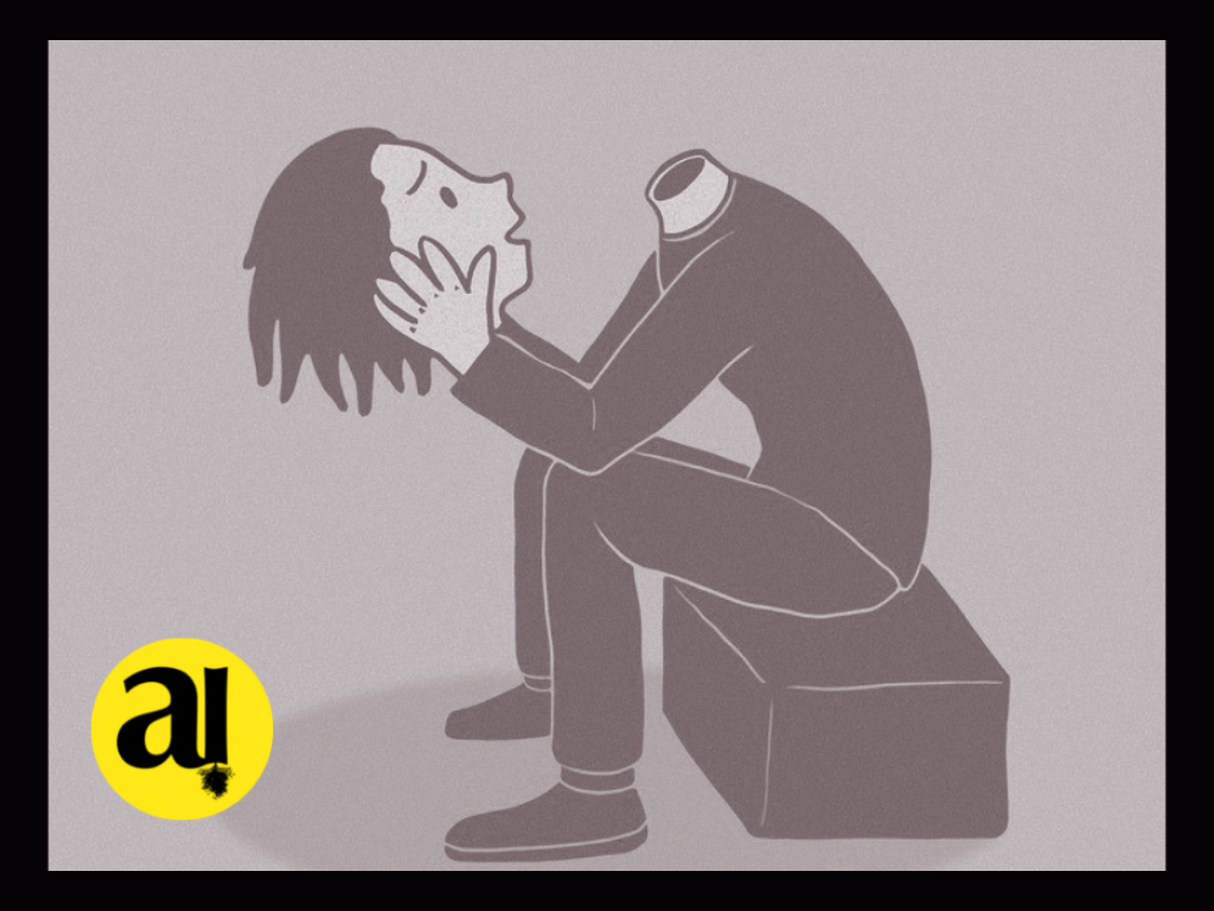 Persona sentada y decapitada sostiene su propia cabeza entre las manos.