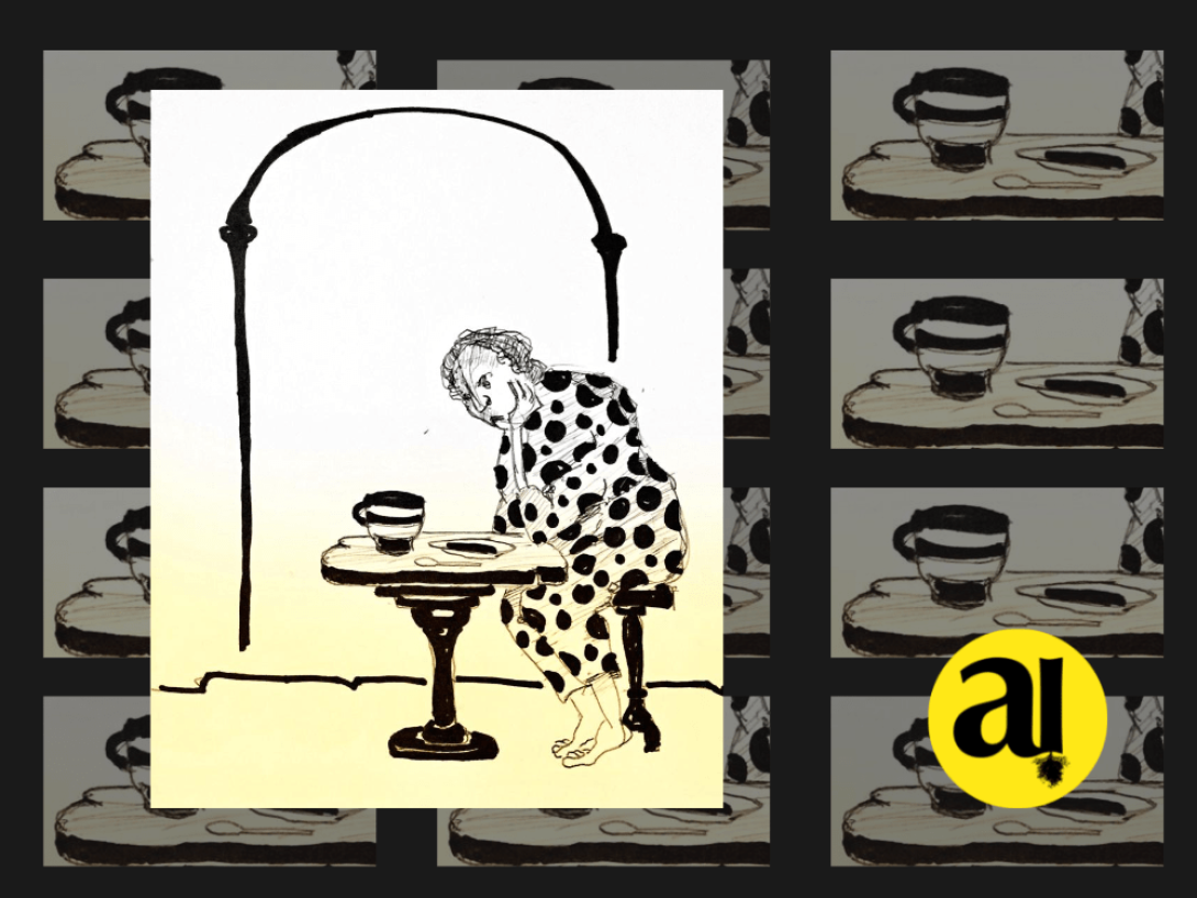 Collage: Hombre sentado a la mesa mira triste su comida. 