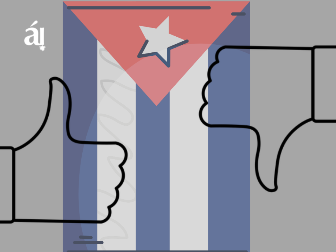Bandera cubana entre manos diciendo "sí" y "no".
