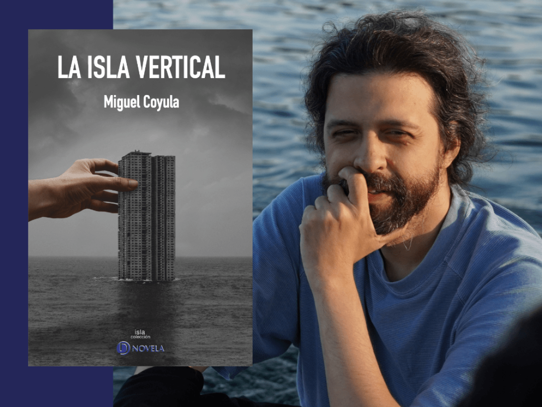 Miguel Coyula junto a su novela La isla vertical.