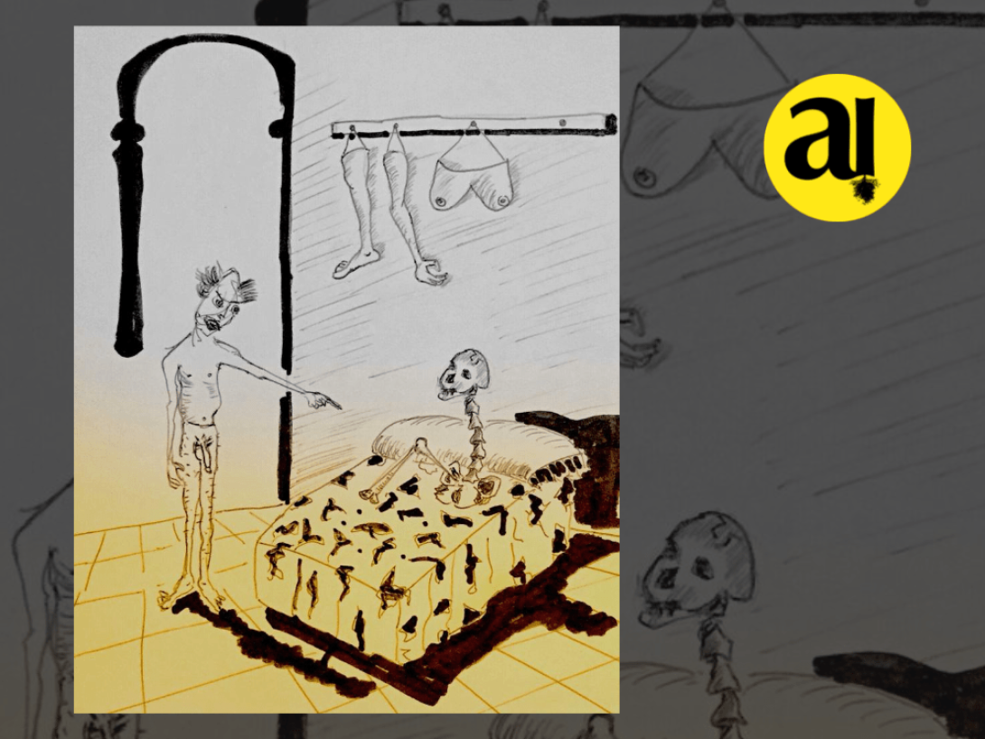 Dibujo de un hombre desnudo señalando un esqueleto sobre la cama. Al fondo cuelgan pedazos del cuerpo de una mujer.