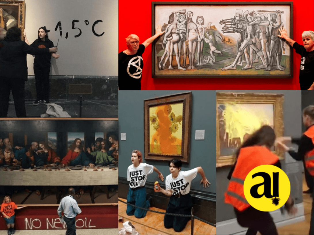 Protestas en obras de arte por el cambio climático alrededor del mundo (collage).