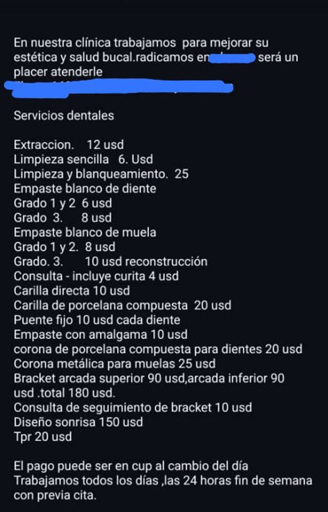 Tarifas de una consulta privada de estomatología en Cuba publicada en un grupo de WhatsApp (marzo de 2026).