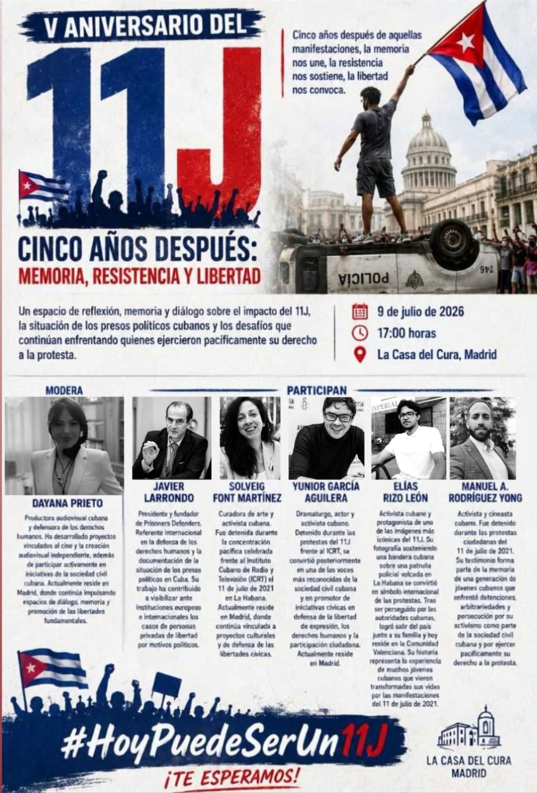 Programa del conversatorio "Cinco años después: Memoria, resistencia y libertad" en Madrid (9 de julio de 2026).