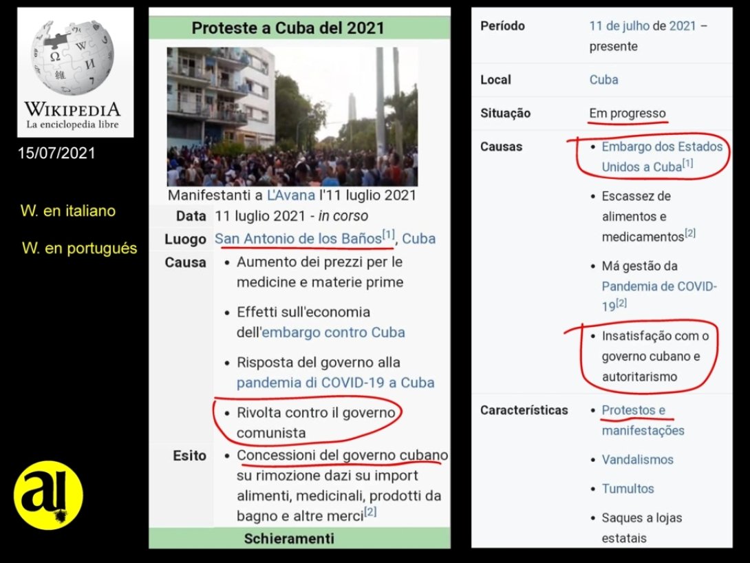 Reflejo de las protestas en Cuba en Wikipedia, versión de W. en italiano y en portugués (14-07-2021).